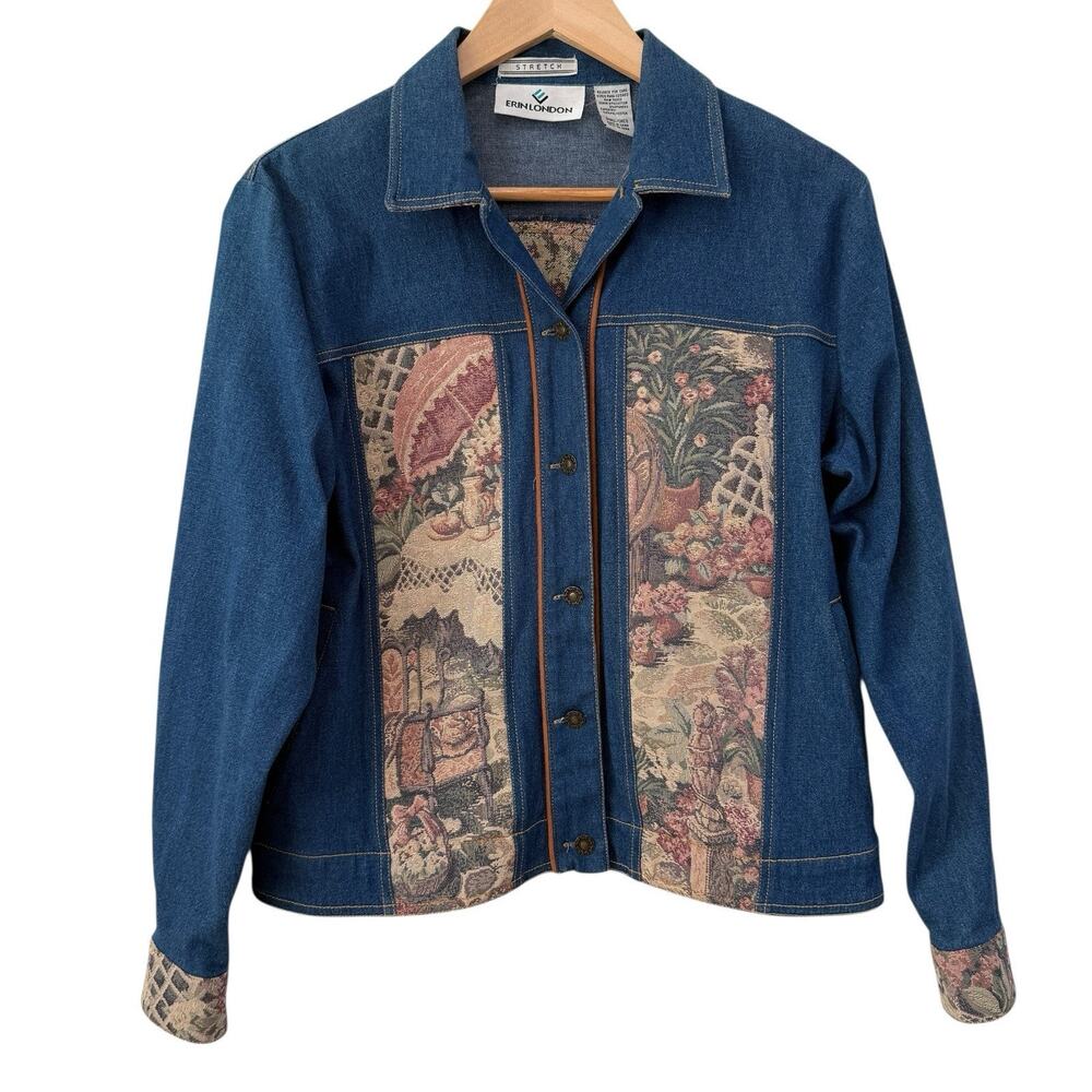 Erin‎ London Vintage Womens Jean Denim Jacket Sz S Tapestry Art-to-Wear Blazer